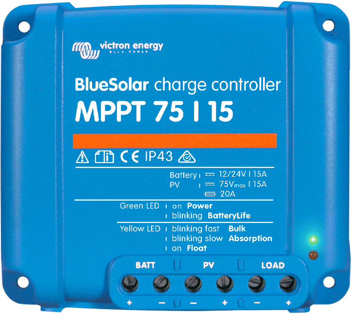 Vista del regulador blue solar de la marca Victron de tipo mppt